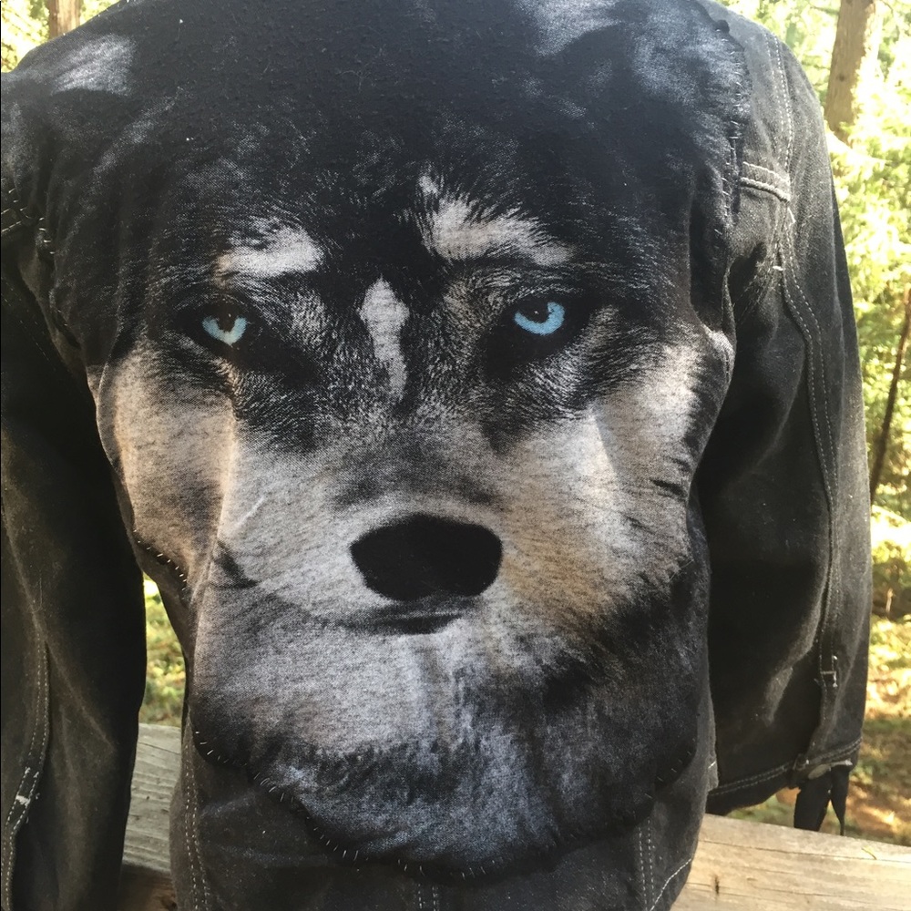 Kreativekristen wolf embellished black  vintage gray denim jacket  HP26x6 - Picture 15 of 16